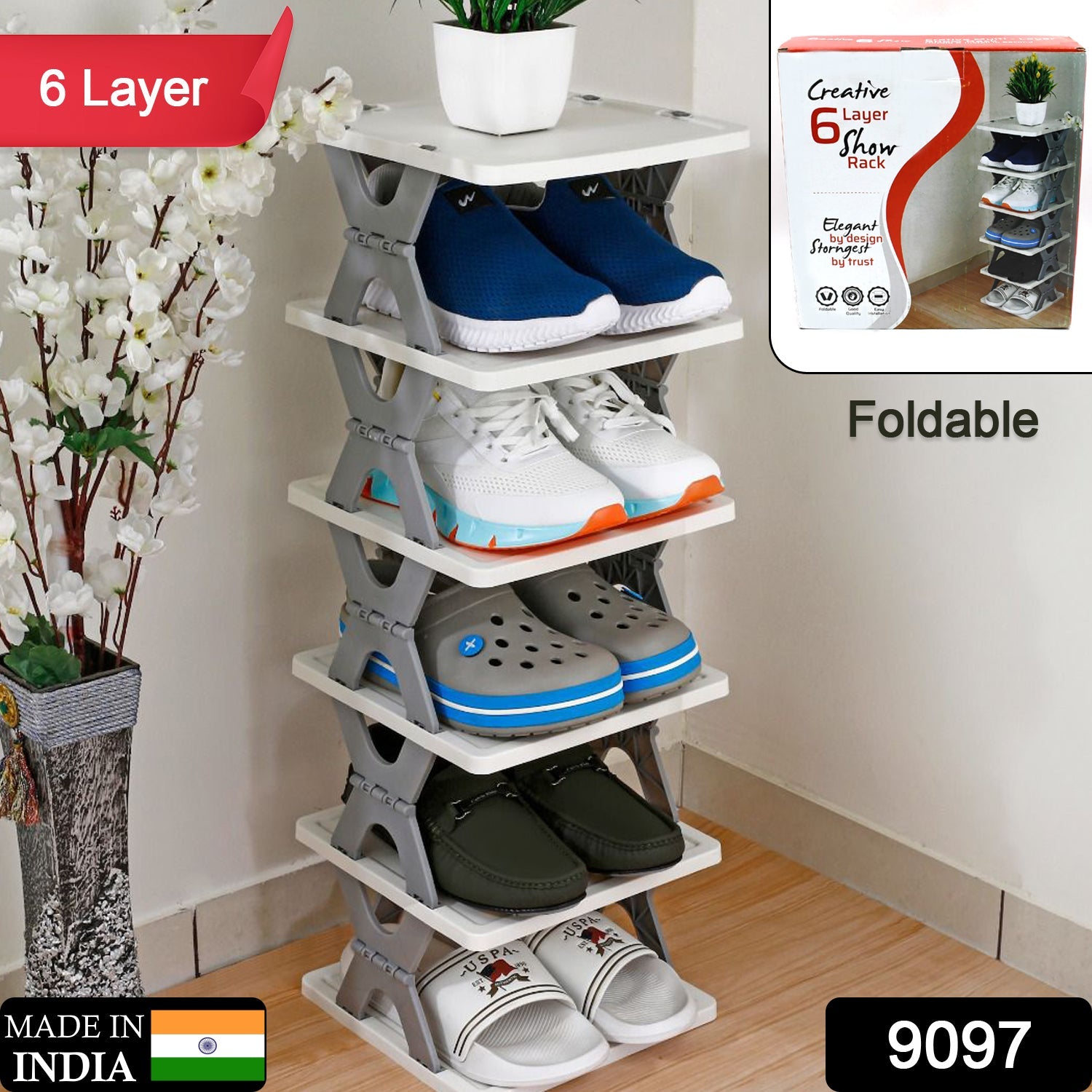 9097 Smart Shoe Rack with 6 Layer Shoes Stand Multifunctional Entryway Foldable & Collapsible Door Shoe Rack Free Standing Heavy Duty Plastic Shoe Shelf Storage Organizer Narrow Footwear Home DeoDap 9097 Smart Shoe Rack with 6 Layer Shoes Stand Multifunctional Entryway Foldable & Collapsible Door Shoe Rack Free Standing Heavy Duty Plastic Shoe Shelf Storage Organizer Narrow Footwear Home DeoDap